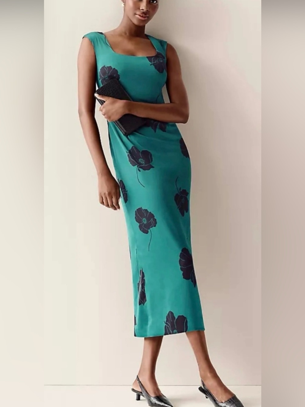 Ann Taylor Green Floral Sheath Midi Dress Square Neck Satin Cocktail Career Chic